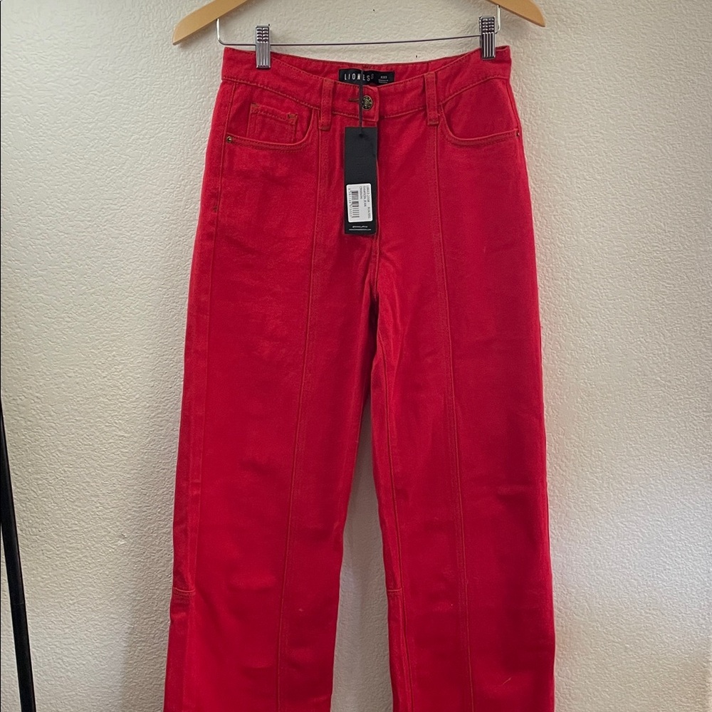 Lioness crimson industrial Vibrant Red Denim Pants wide legs cotton xxs NWT